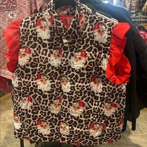 Leopard Print Vest with Santa Design and Red Ruffle Sleeves NEW